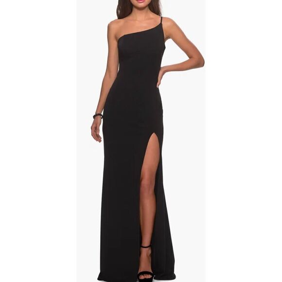 La Femme One-Shoulder Jersey Gown in Black NWT Size 8 - Picture 1 of 6
